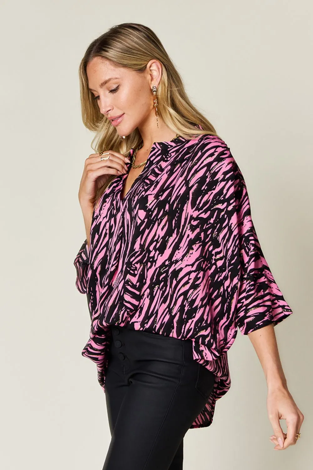 Double Take Full Size Printed Notched Three-Quarter Sleeve Blouse sold by Charming Charlie product image thumbnail 2