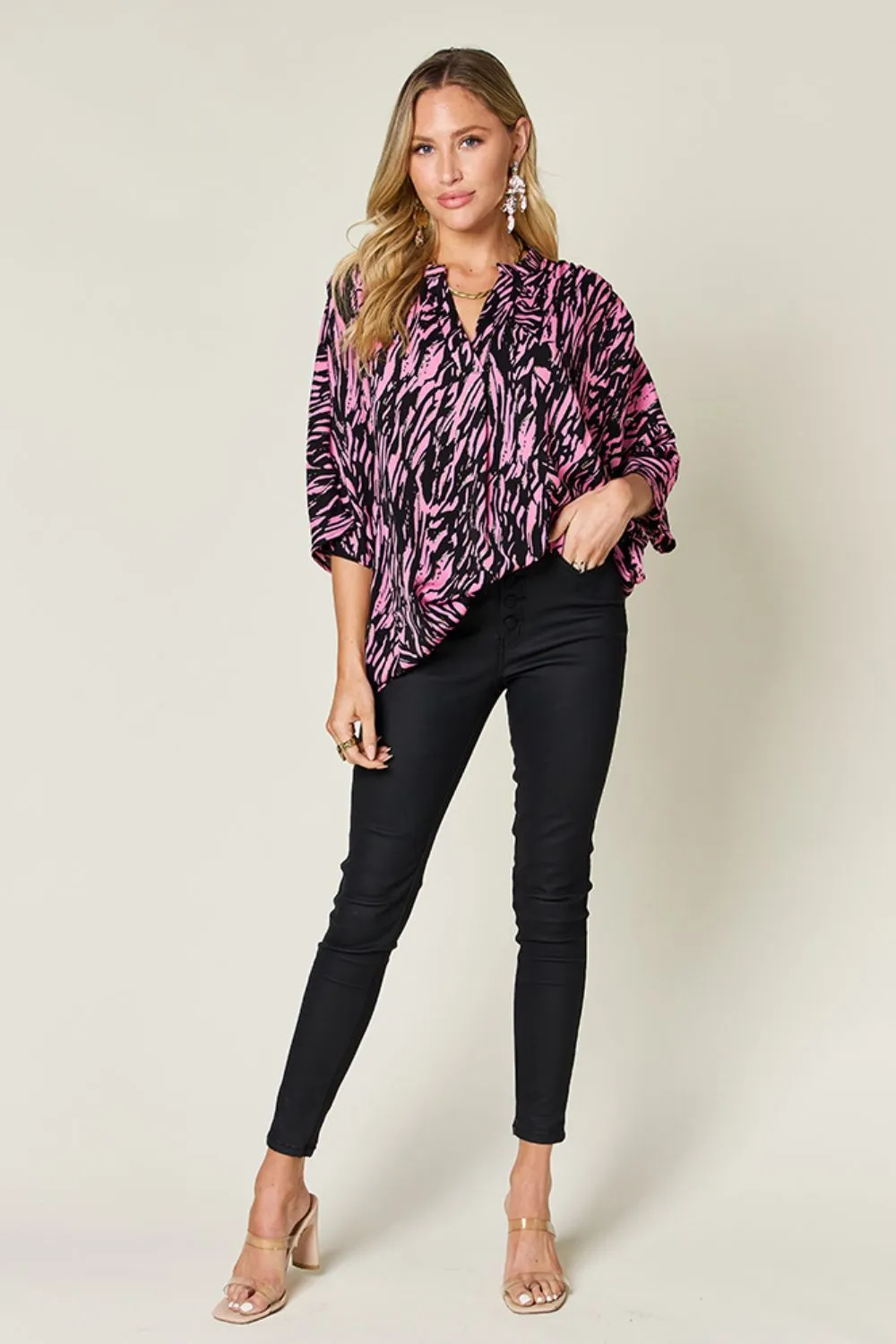 Double Take Full Size Printed Notched Three-Quarter Sleeve Blouse sold by Charming Charlie product image thumbnail 4