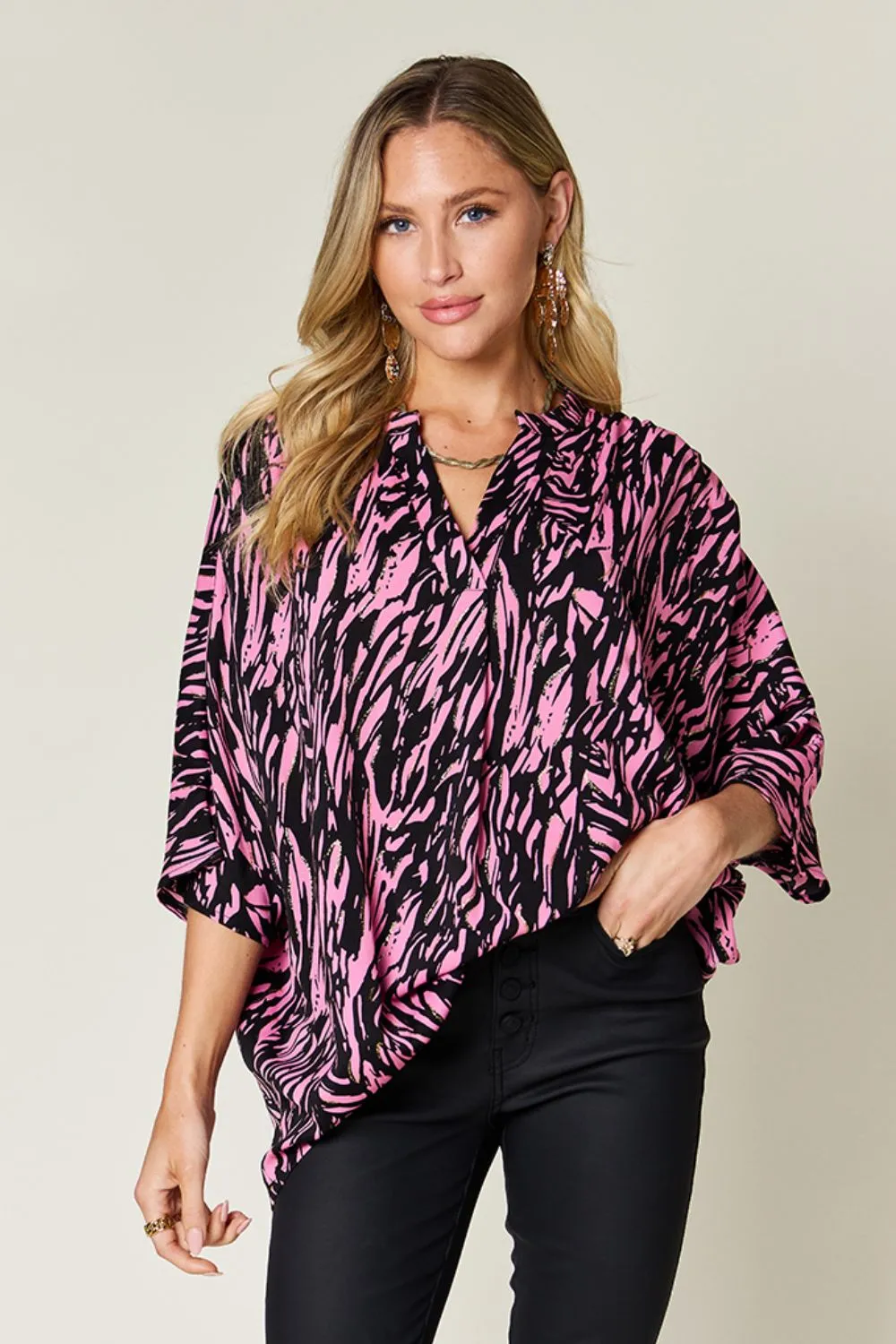 Double Take Full Size Printed Notched Three-Quarter Sleeve Blouse sold by Charming Charlie