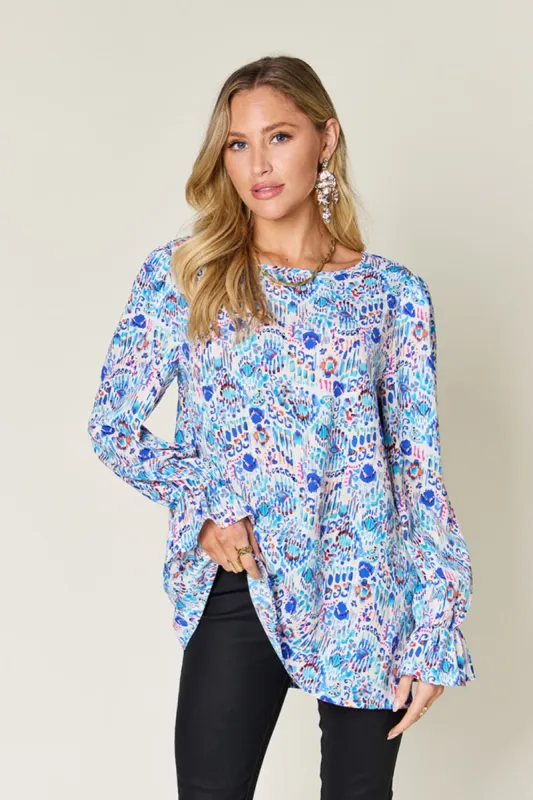 Double Take Full Size Printed Flounce Sleeve Blouse sold by Charming Charlie