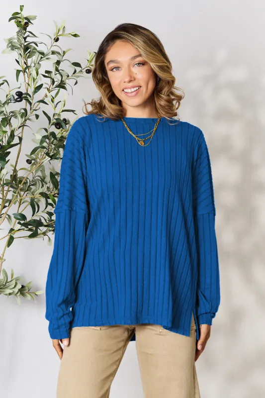 Basic Bae Full Size Ribbed Round Neck Slit Knit Top sold by Charming Charlie