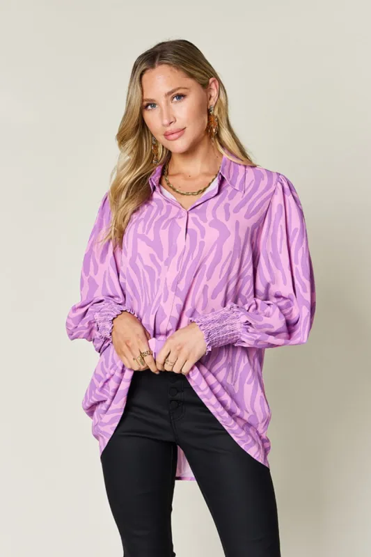 Double Take Full Size Printed Smocked Long Sleeve Blouse sold by Charming Charlie
