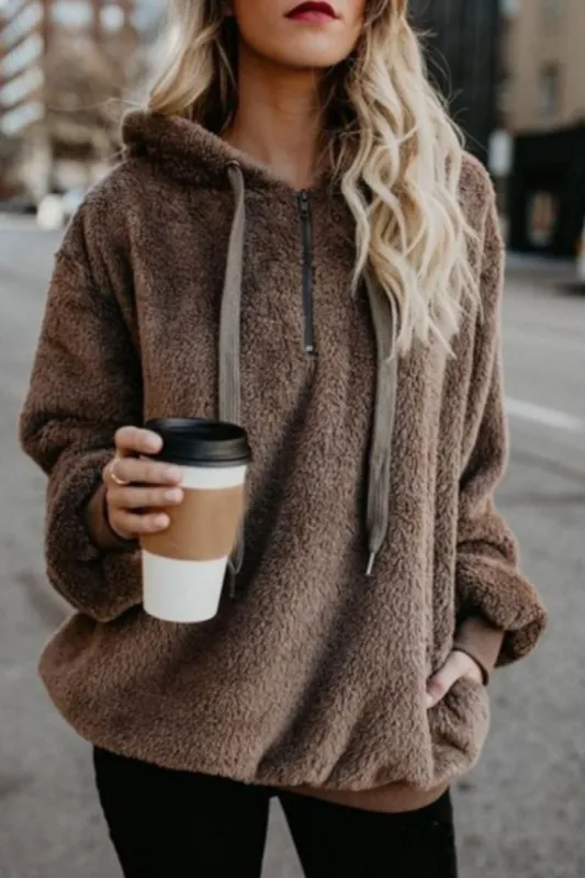 Full Size Quarter-Zip Drawstring Teddy Hoodie sold by Charming Charlie