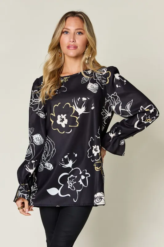 Double Take Full Size Printed Flounce Sleeve Blouse sold by Charming Charlie