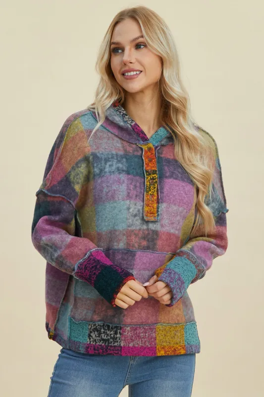 Double Take Full Size Plaid Dropped Shoulder Fleece Hoodie sold by Charming Charlie