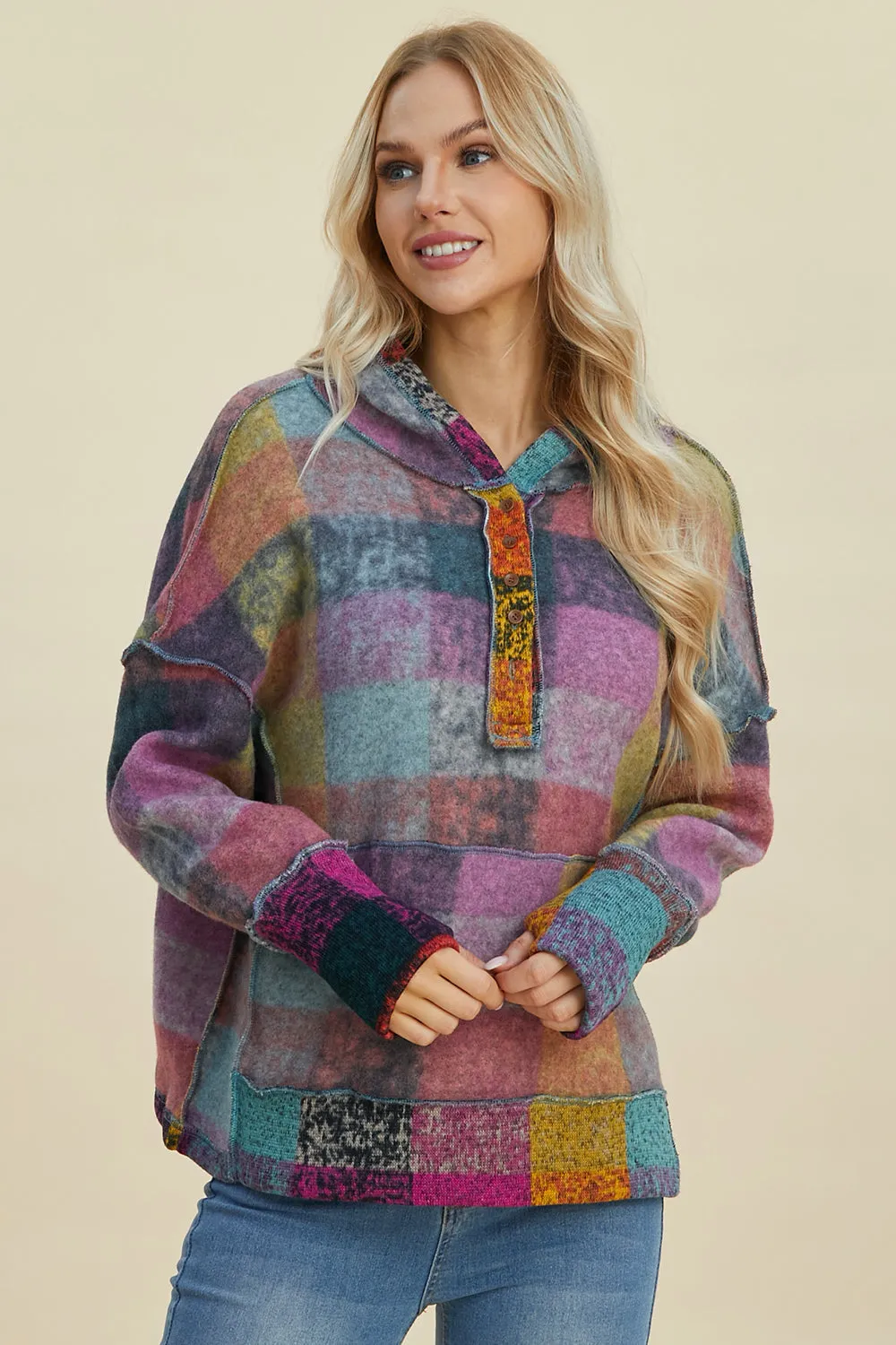 Double Take Full Size Plaid Dropped Shoulder Fleece Hoodie sold by Charming Charlie