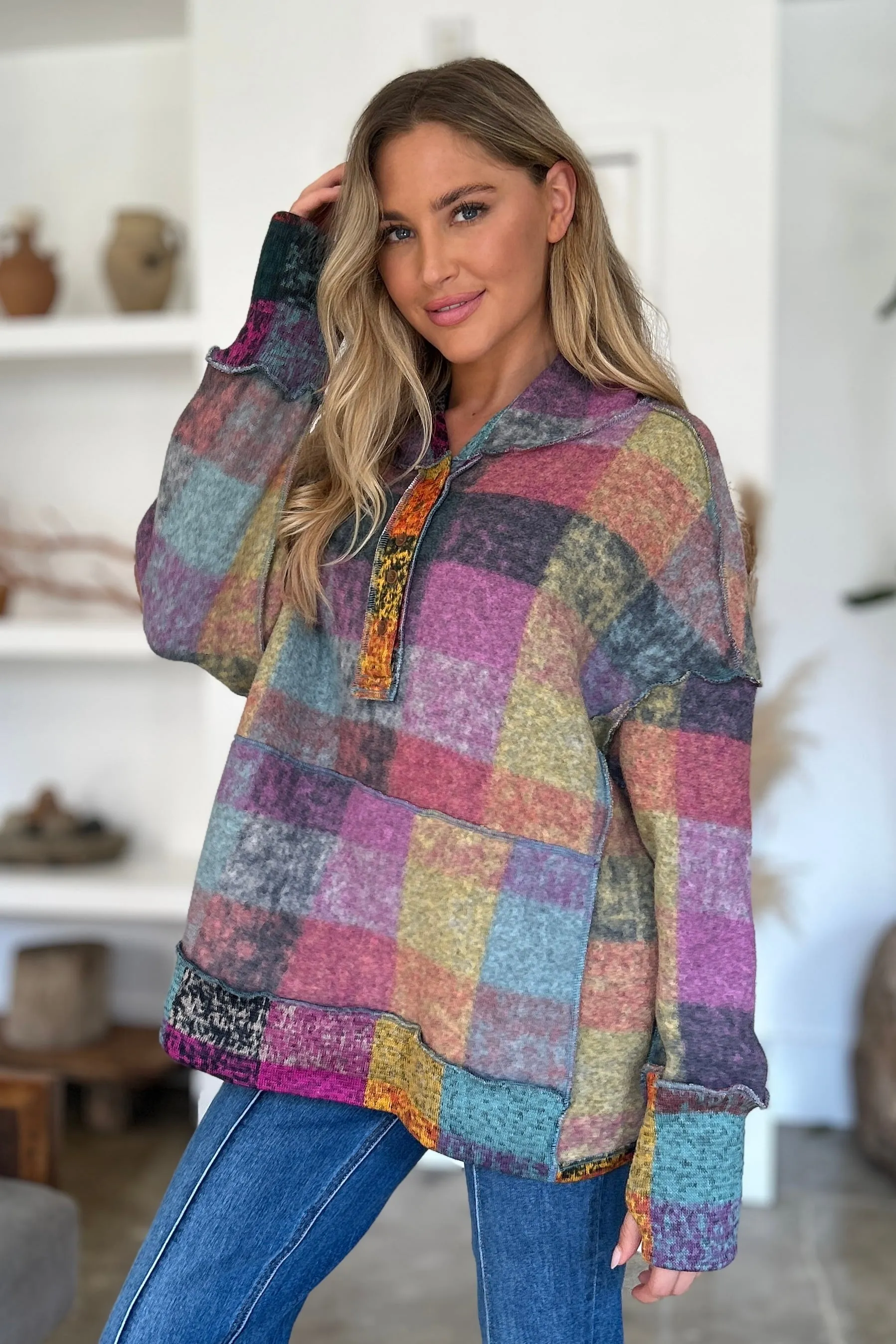 Double Take Full Size Plaid Dropped Shoulder Fleece Hoodie sold by Charming Charlie product image thumbnail 4
