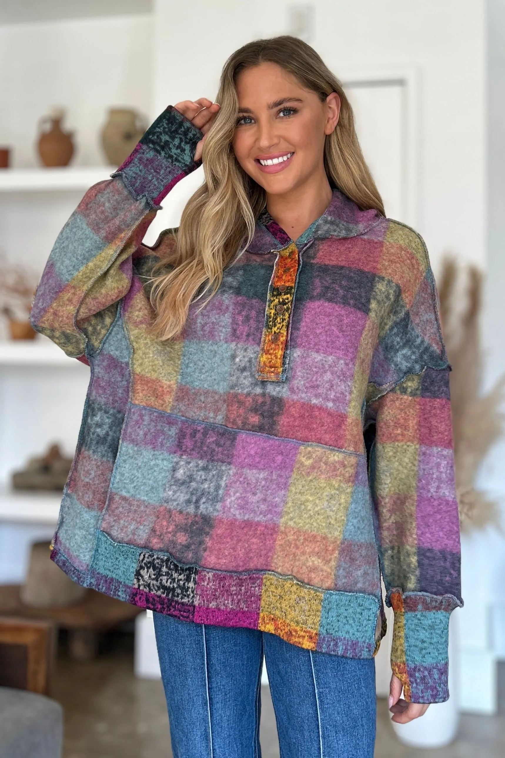 Double Take Full Size Plaid Dropped Shoulder Fleece Hoodie sold by Charming Charlie product image thumbnail 2