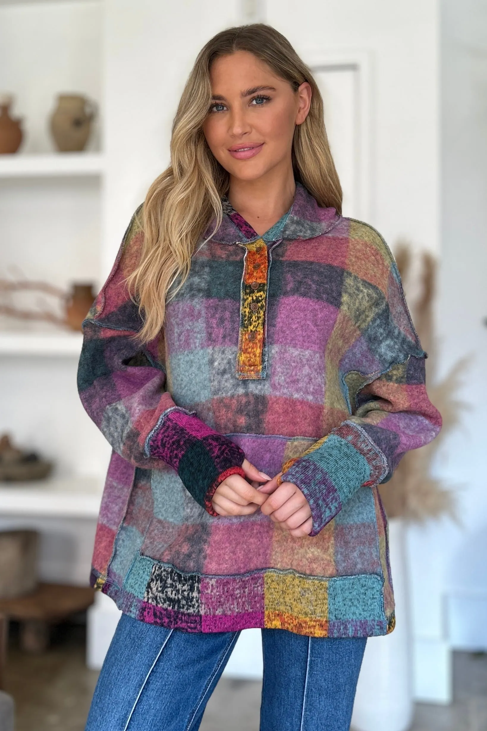 Double Take Full Size Plaid Dropped Shoulder Fleece Hoodie sold by Charming Charlie product image thumbnail 3