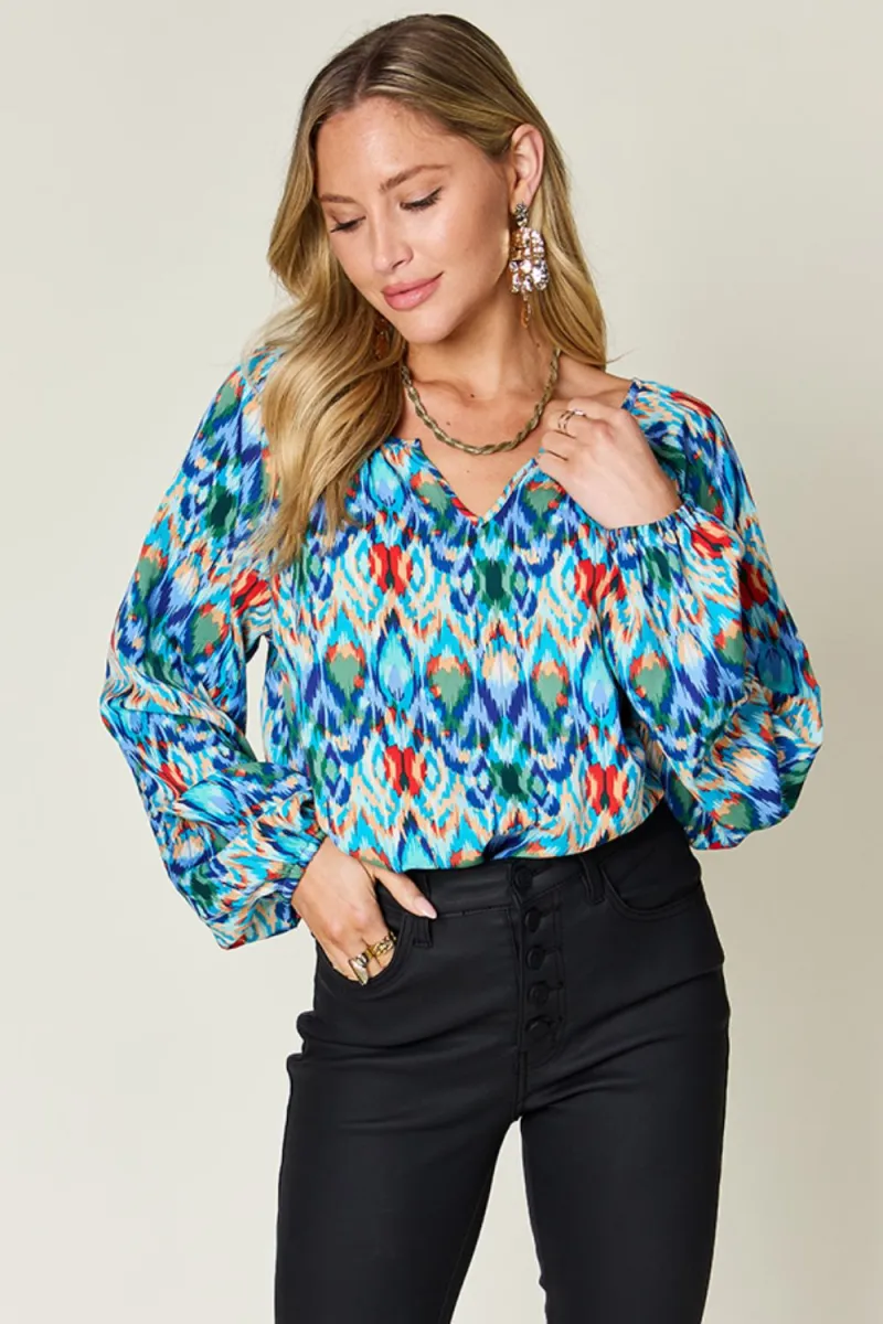 SAGE + FIG Full Size Printed Balloon Sleeve Contrast Top