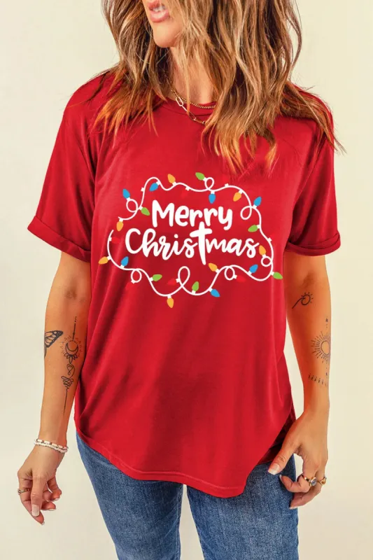 MERRY CHRISTMAS Round Neck Short Sleeve T-Shirt sold by Charming Charlie