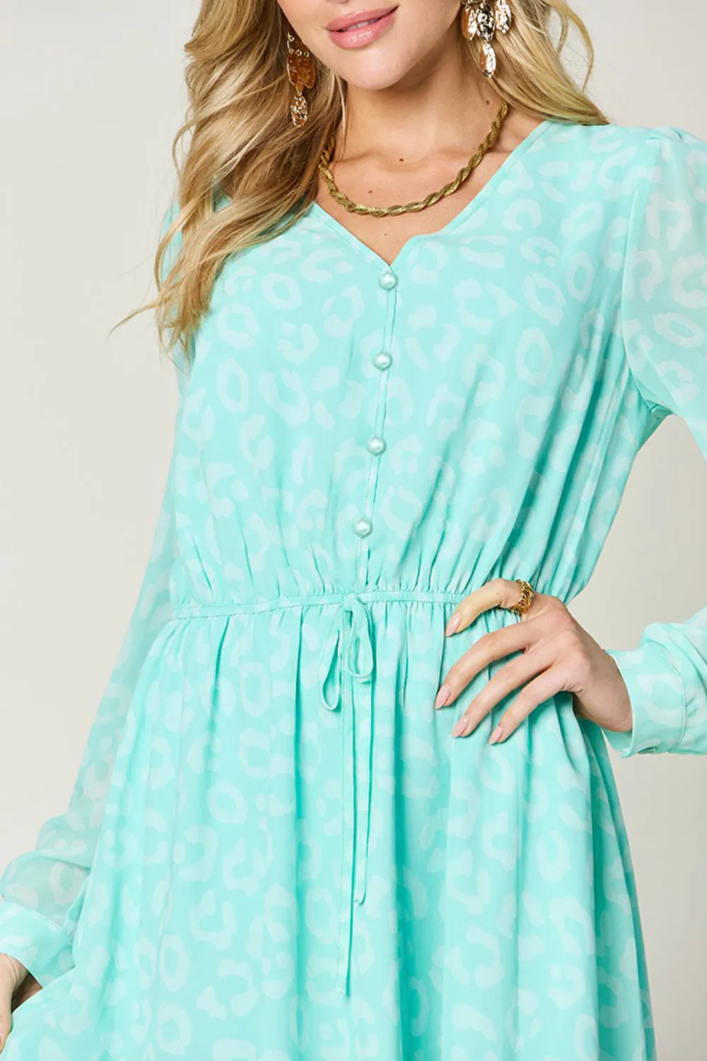 Double Take Full Size Printed Ruched V-Neck Long Sleeve Dress sold by Charming Charlie product image thumbnail 4
