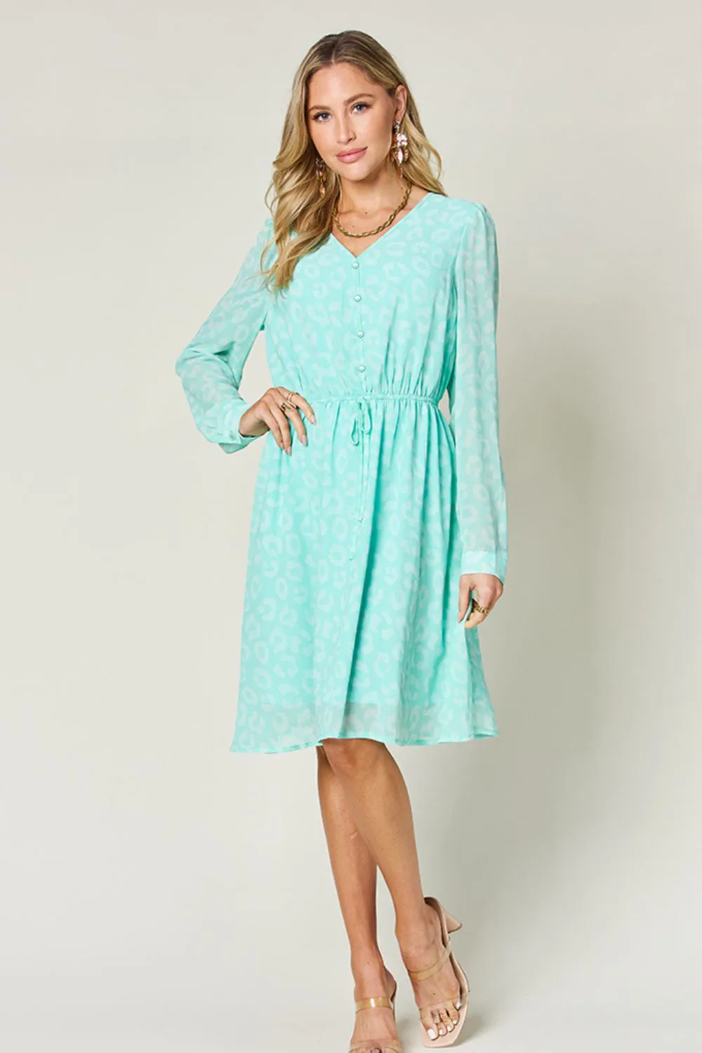 Double Take Full Size Printed Ruched V-Neck Long Sleeve Dress sold by Charming Charlie product image thumbnail 5
