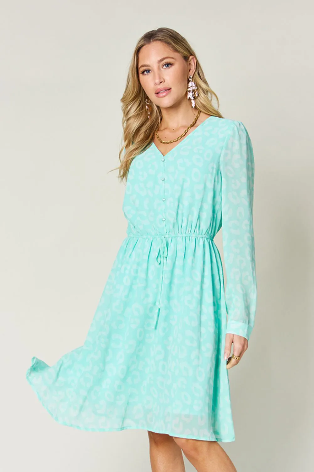 Double Take Full Size Printed Ruched V-Neck Long Sleeve Dress sold by Charming Charlie product image thumbnail 3