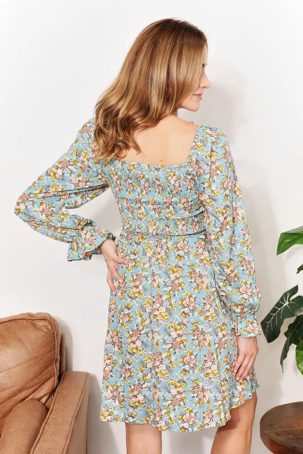 Honey Floral Smocked Flounce Sleeve Square Neck Dress sold by Charming Charlie product image thumbnail 2