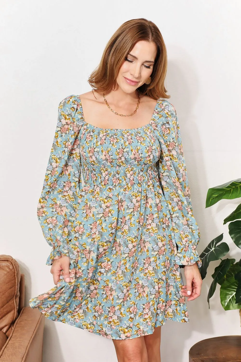 Honey Floral Smocked Flounce Sleeve Square Neck Dress sold by Charming Charlie product image thumbnail 3