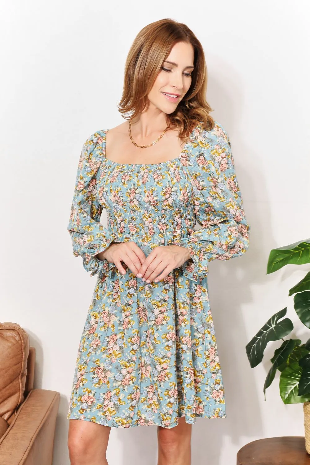 Honey Floral Smocked Flounce Sleeve Square Neck Dress sold by Charming Charlie product image thumbnail 4
