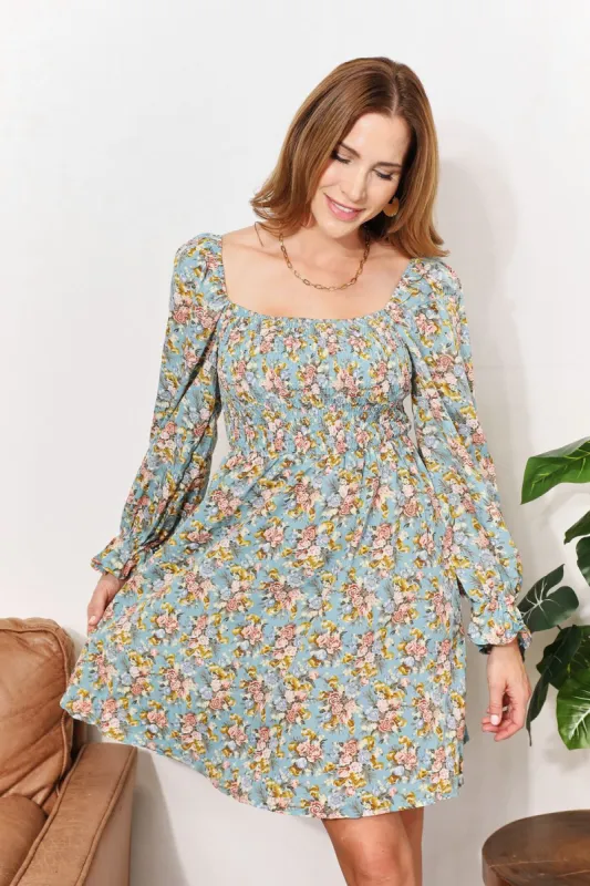 Honey Floral Smocked Flounce Sleeve Square Neck Dress sold by Charming Charlie