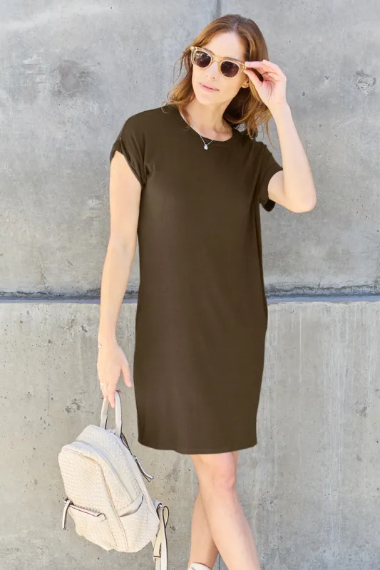 Basic Bae Full Size Round Neck Short Sleeve Dress with Pockets sold by Charming Charlie