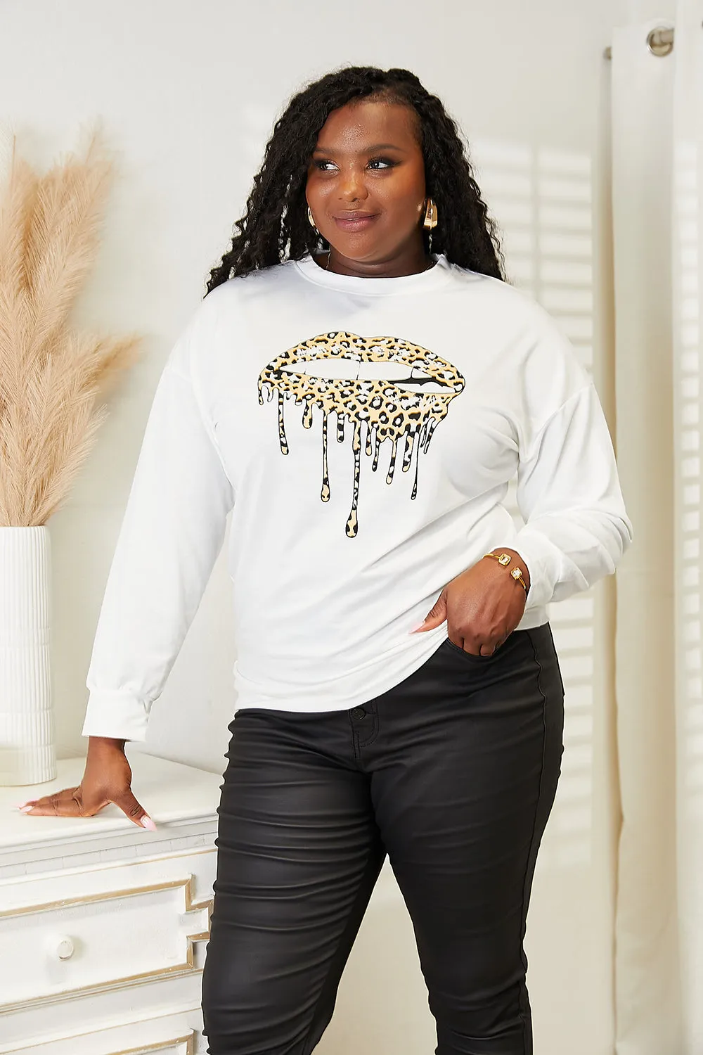 Simply Love Graphic Dropped Shoulder Round Neck Sweatshirt sold by Charming Charlie