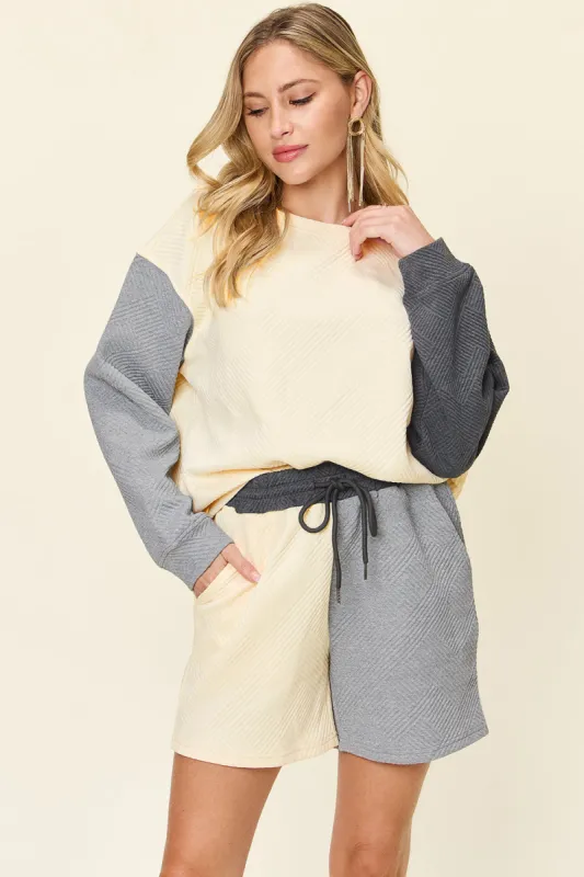 Double Take Full Size Contrast Drop Shoulder Top and Shorts Set sold by Charming Charlie