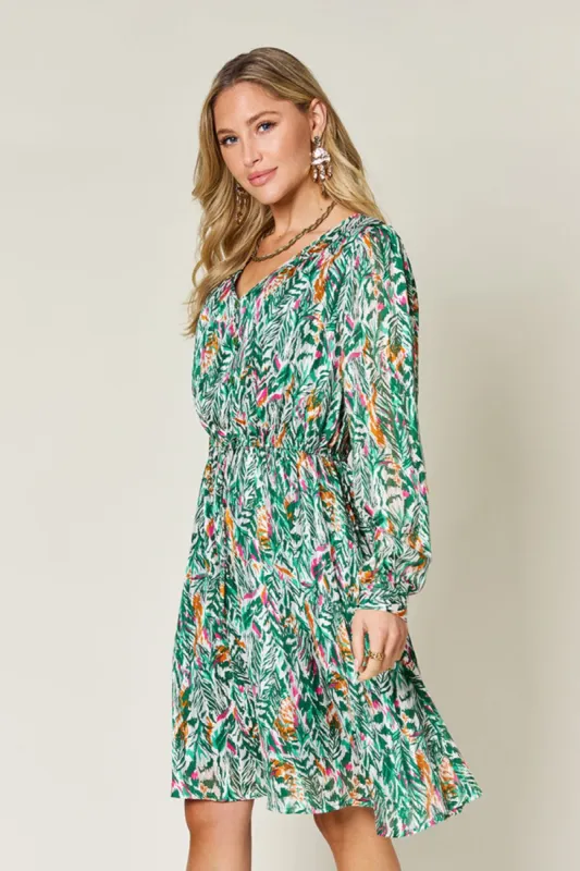 Double Take Full Size Printed Drawstring Waist Long Sleeve Dress sold by Charming Charlie