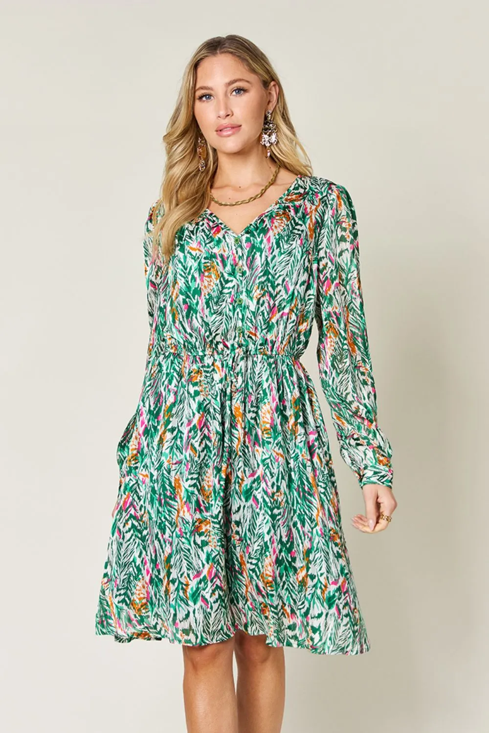 Double Take Full Size Printed Drawstring Waist Long Sleeve Dress sold by Charming Charlie product image thumbnail 2