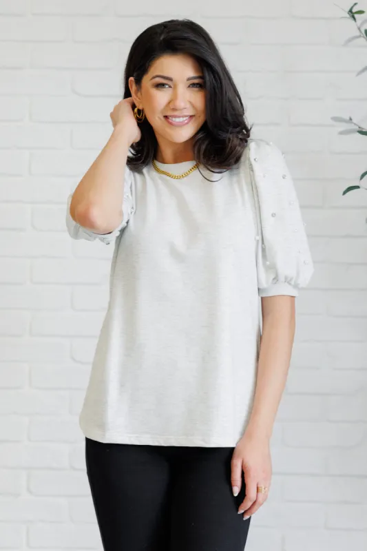 Diamonds and Pearls Puff Sleeve Top in Light Grey sold by Charming Charlie