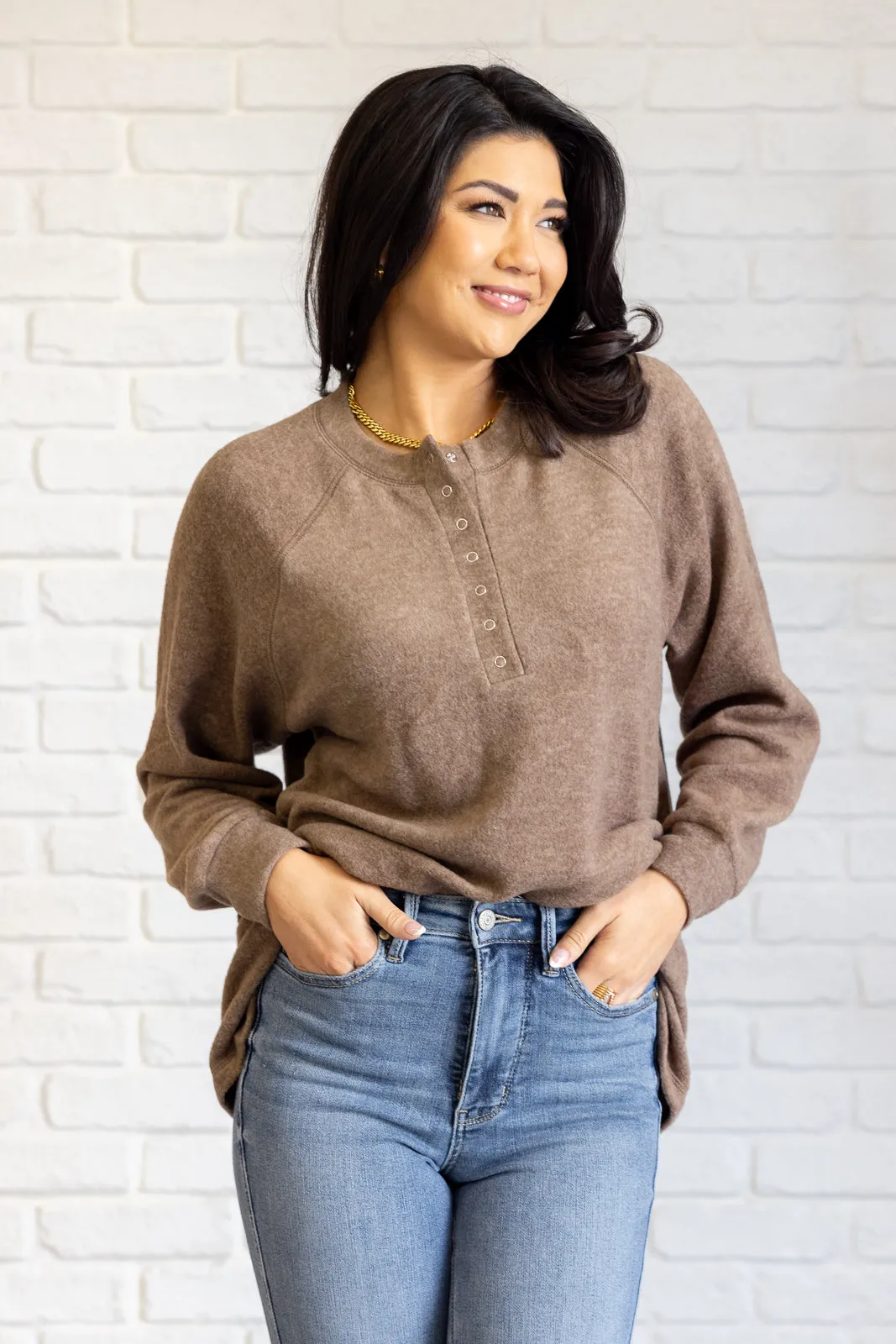 Keeping it Real Brushed Melange Hacci Long Sleeve Tee in Mocha sold by Charming Charlie
