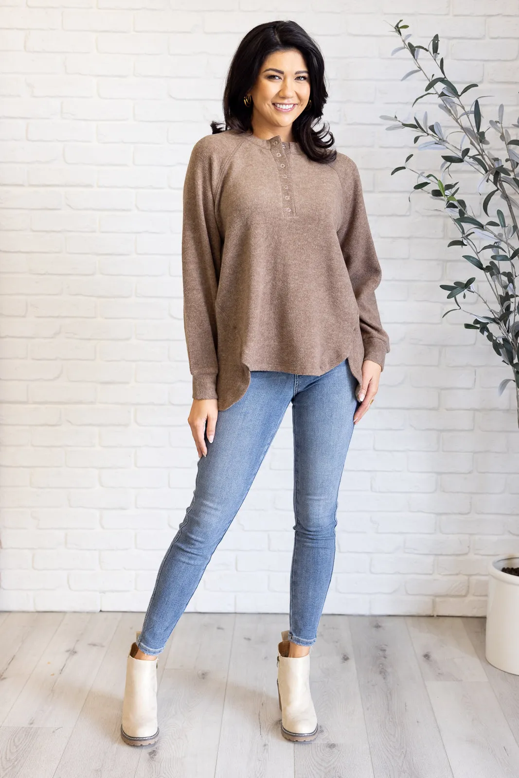 Keeping it Real Brushed Melange Hacci Long Sleeve Tee in Mocha sold by Charming Charlie product image thumbnail 3