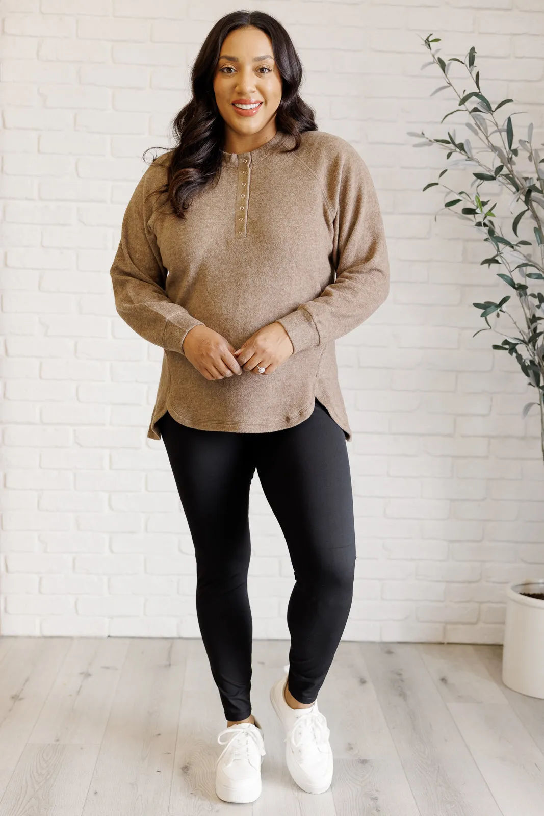 Keeping it Real Brushed Melange Hacci Long Sleeve Tee in Mocha sold by Charming Charlie product image thumbnail 4
