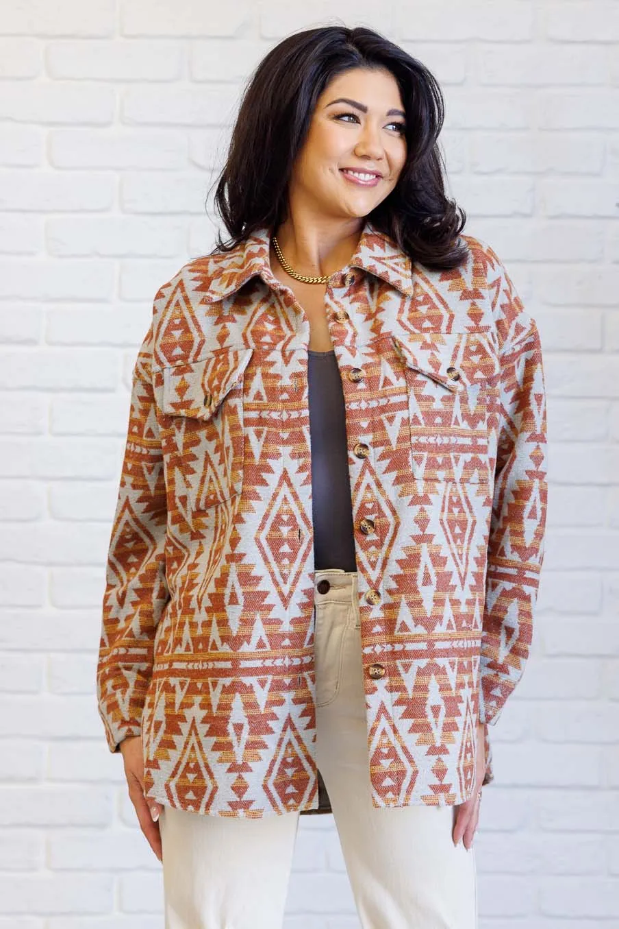 Gather Round Aztec Shacket sold by Charming Charlie