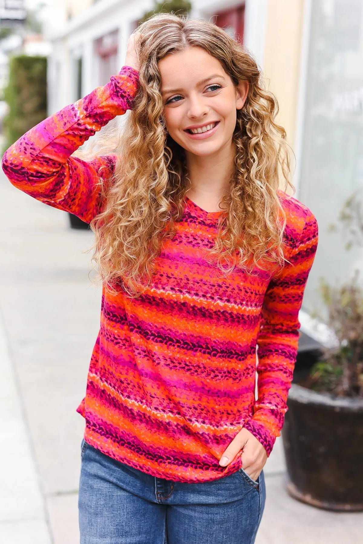 Be Bold Flame & Magenta Striped Cable Knit Print Hacci Top sold by Charming Charlie product image thumbnail 2