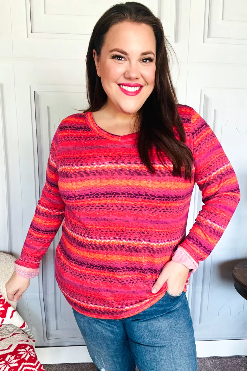 Be Bold Flame & Magenta Striped Cable Knit Print Hacci Top sold by Charming Charlie
