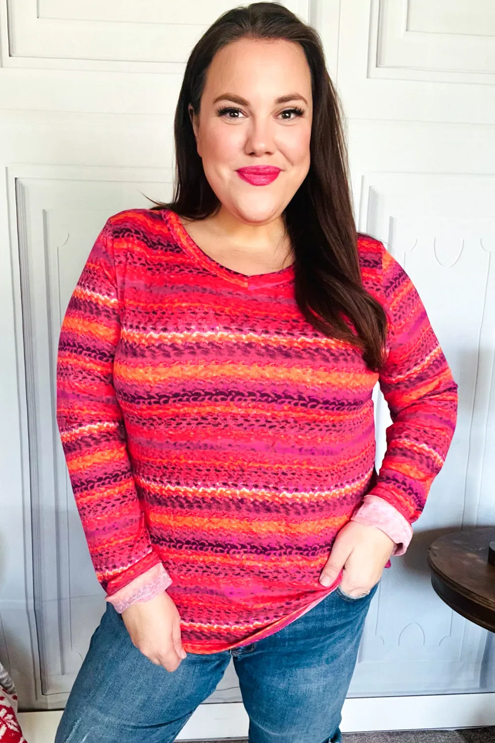 Be Bold Flame & Magenta Striped Cable Knit Print Hacci Top sold by Charming Charlie product image thumbnail 3