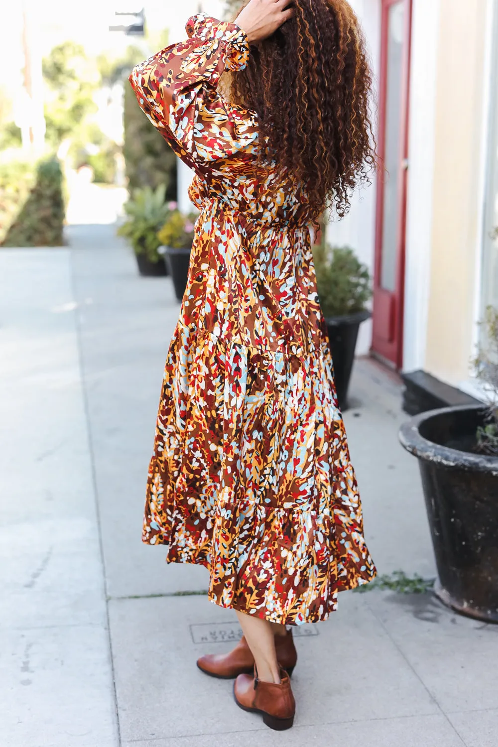 Feeling Femme Mocha Floral Print V Neck Satin Maxi Dress sold by Charming Charlie product image thumbnail 4