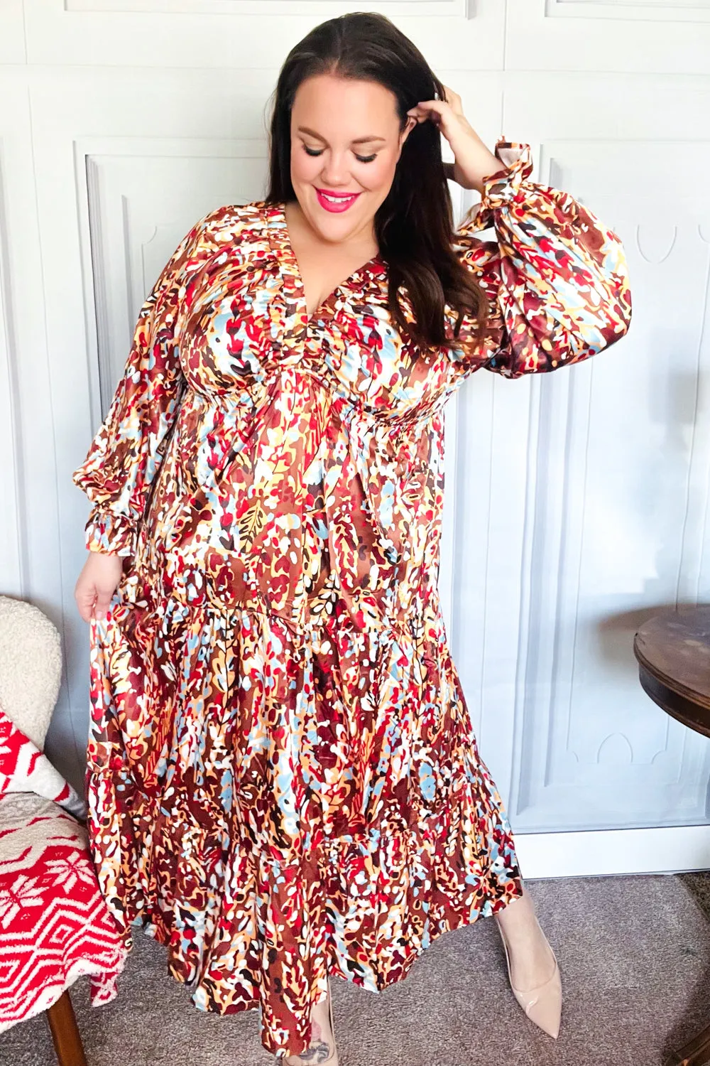 Feeling Femme Mocha Floral Print V Neck Satin Maxi Dress sold by Charming Charlie