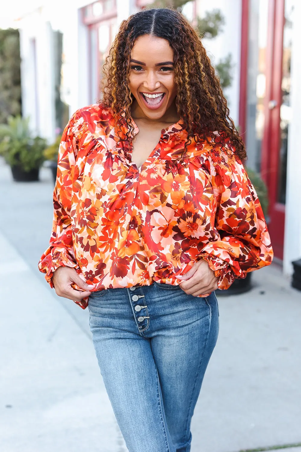 Fall Vibes Rust Floral Print Notched Neck Smocked Satin Top sold by Charming Charlie