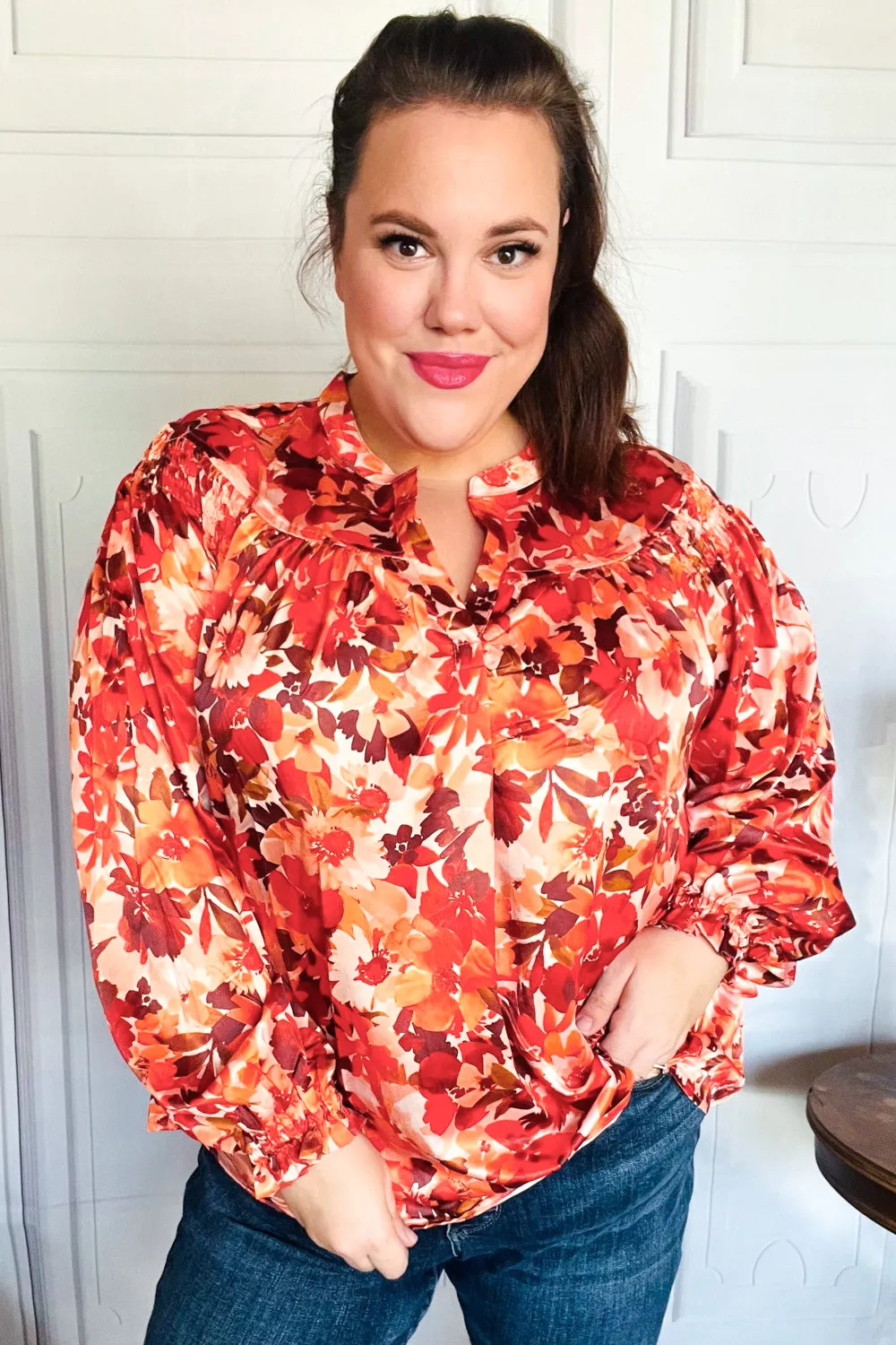 Fall Vibes Rust Floral Print Notched Neck Smocked Satin Top sold by Charming Charlie product image thumbnail 4