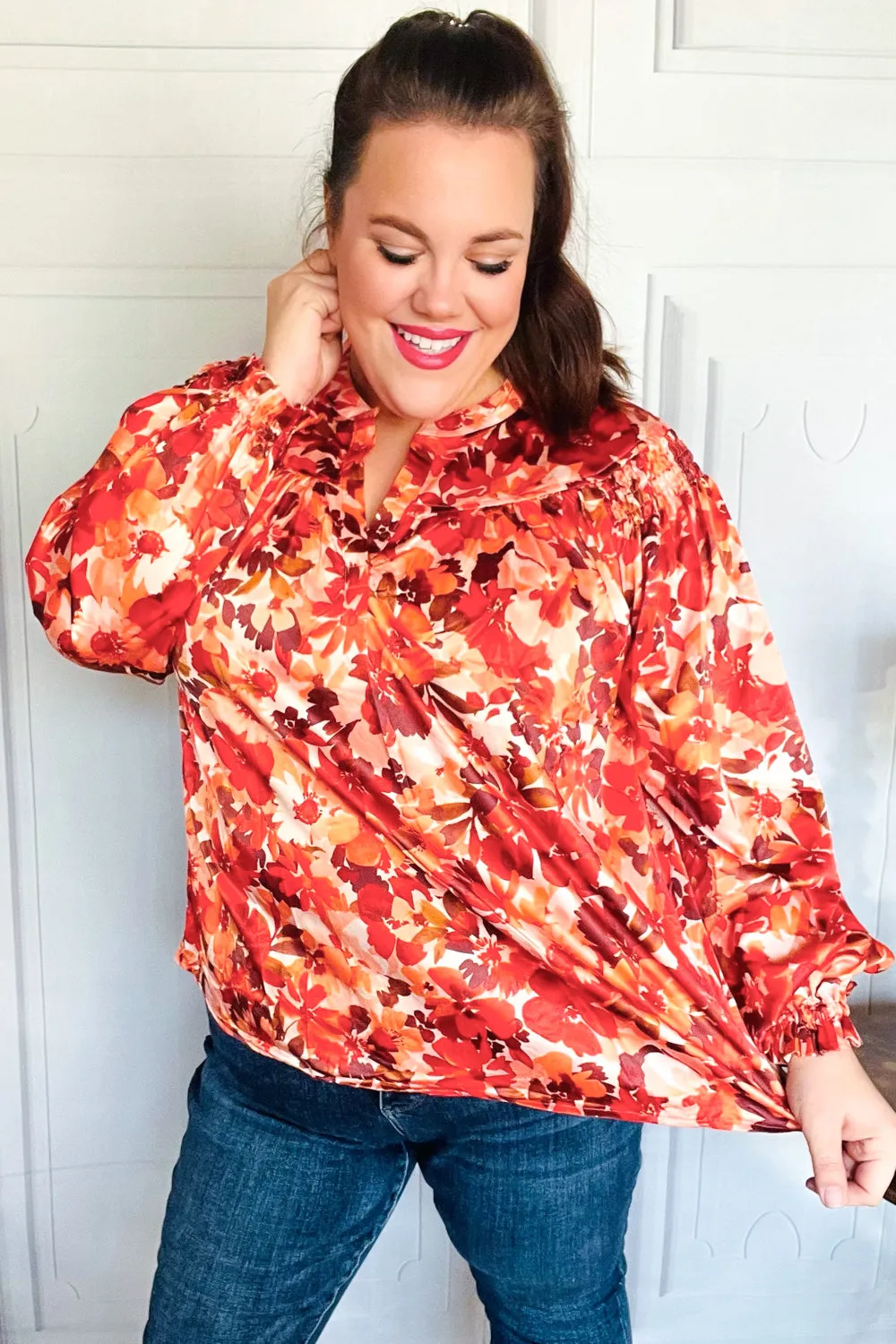 Fall Vibes Rust Floral Print Notched Neck Smocked Satin Top sold by Charming Charlie product image thumbnail 2