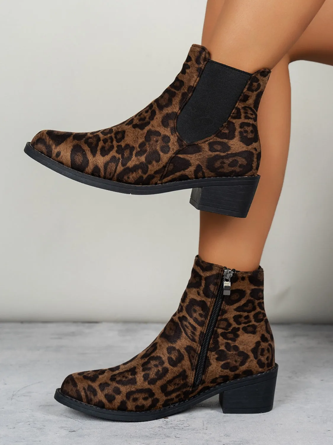 Leopard Point Toe Block Heel Boots sold by Charming Charlie