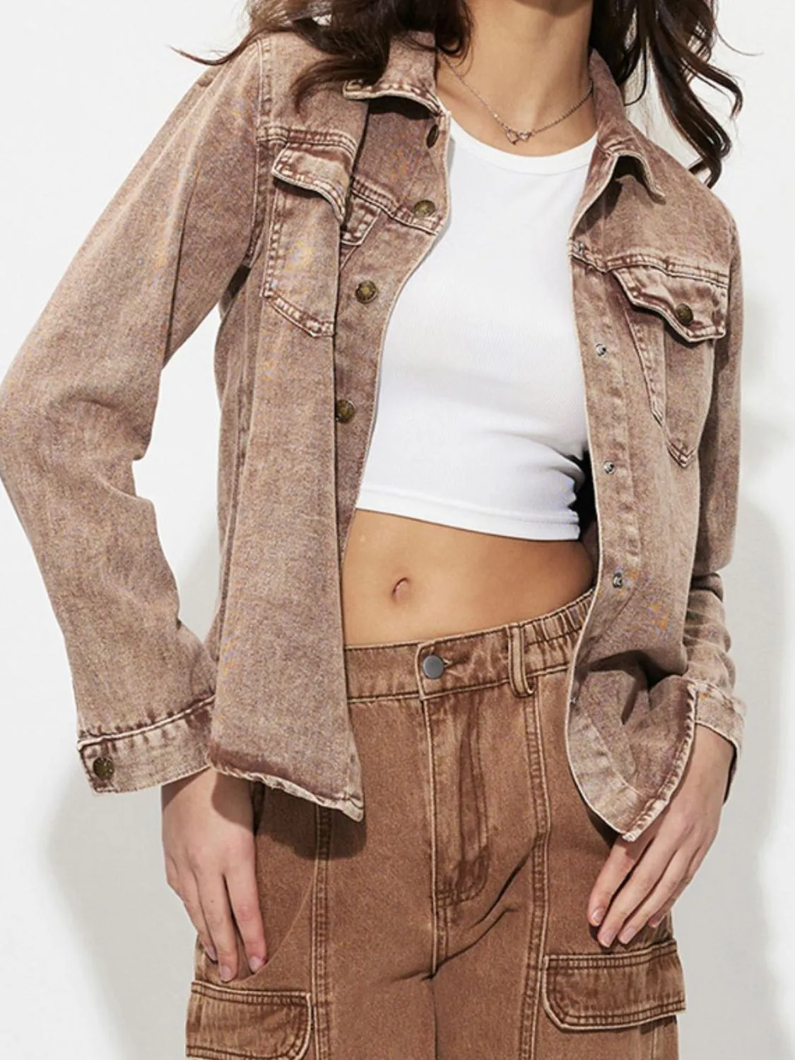 Button Up Long Sleeve Denim Jacket sold by Charming Charlie