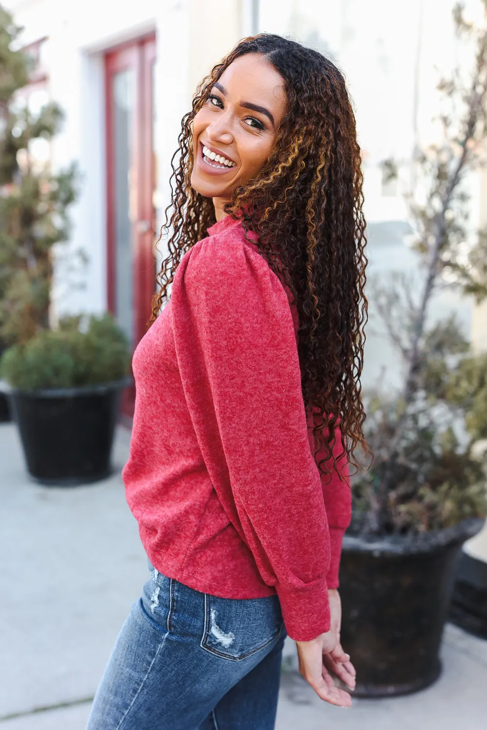 Stay Awhile Red Brushed Melange Puff Short Sleeve Sweater sold by Charming Charlie product image thumbnail 4