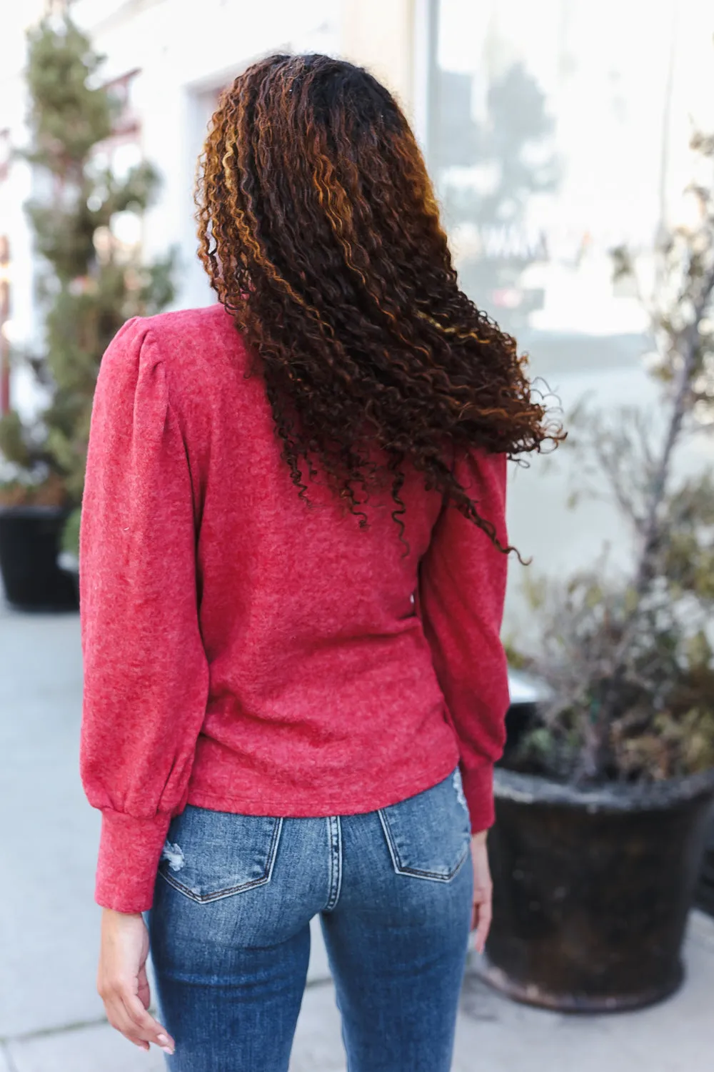 Stay Awhile Red Brushed Melange Puff Short Sleeve Sweater sold by Charming Charlie product image thumbnail 2