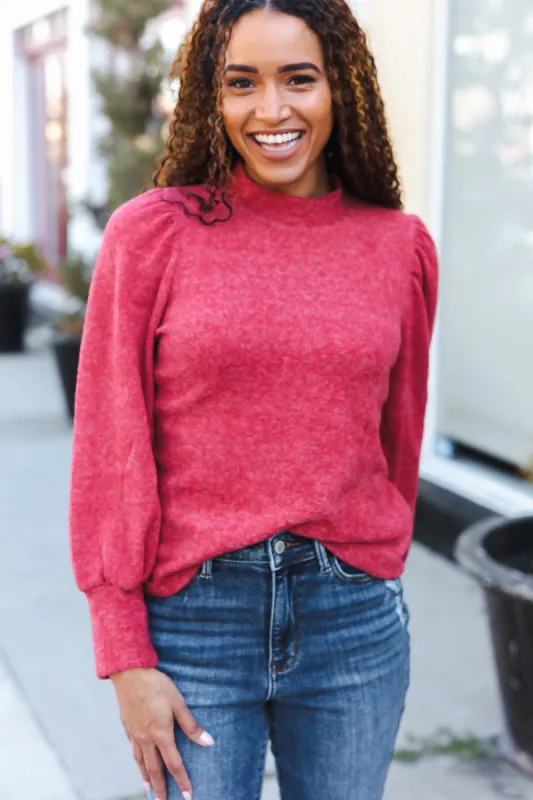 Stay Awhile Red Brushed Melange Puff Short Sleeve Sweater sold by Charming Charlie