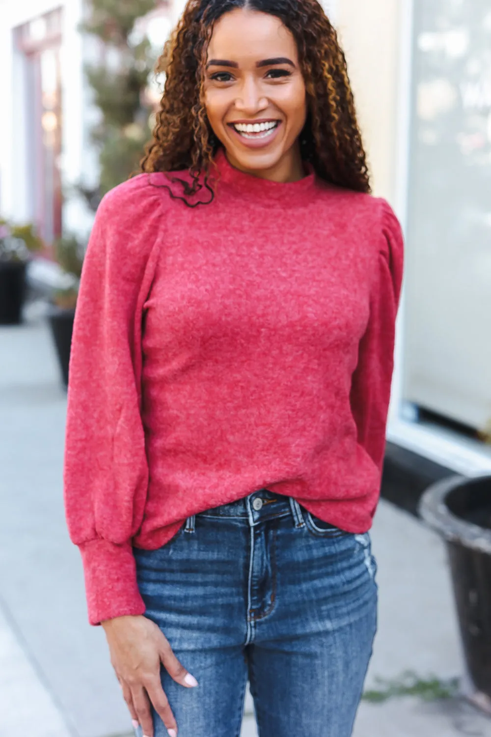 Stay Awhile Red Brushed Melange Puff Short Sleeve Sweater sold by Charming Charlie