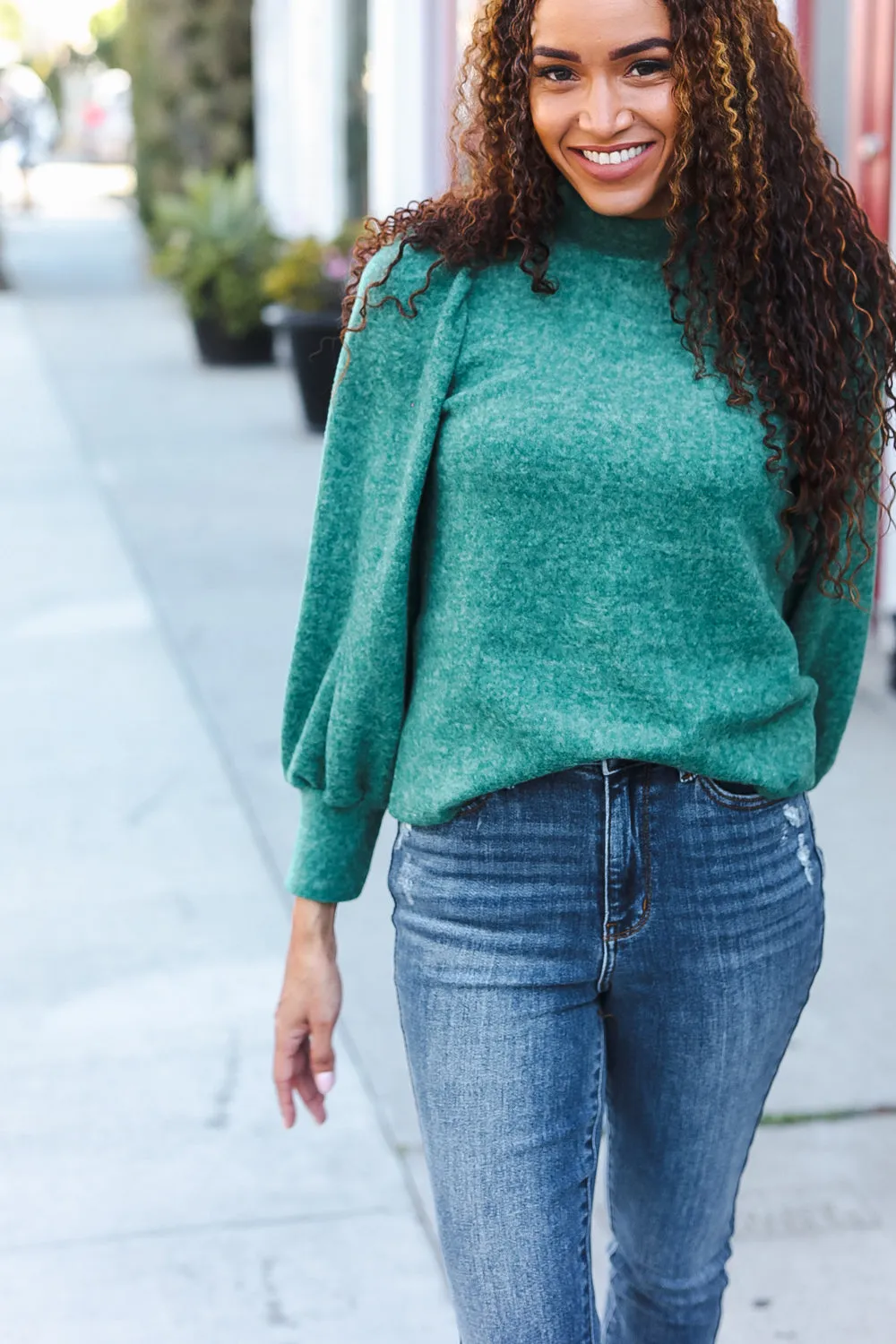 Stay Awhile Green Brushed Melange Puff Short Sleeve Sweater sold by Charming Charlie product image thumbnail 5