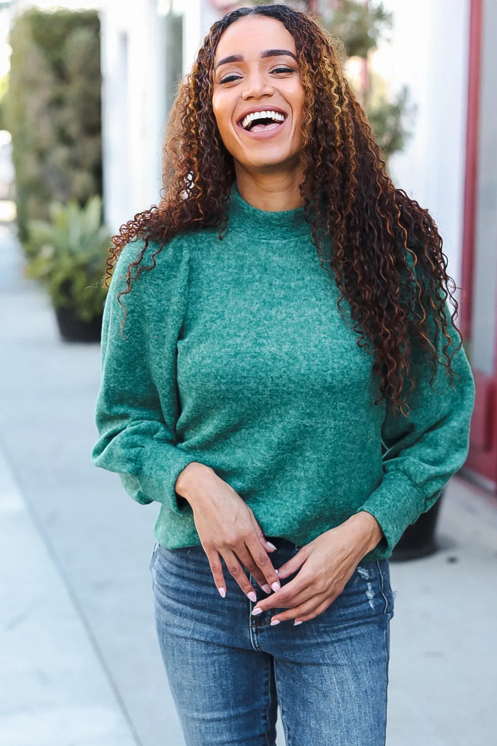 Stay Awhile Green Brushed Melange Puff Short Sleeve Sweater sold by Charming Charlie product image thumbnail 4