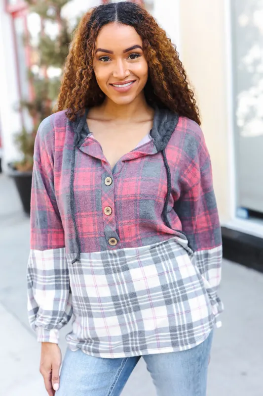 Pretty in Plaid Brushed Hacci Color Block Hoodie sold by Charming Charlie