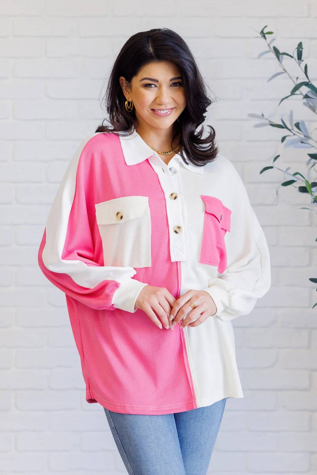 Chip Off the Old Colorblock V-Neck Henley in Pink sold by Charming Charlie product image thumbnail 3